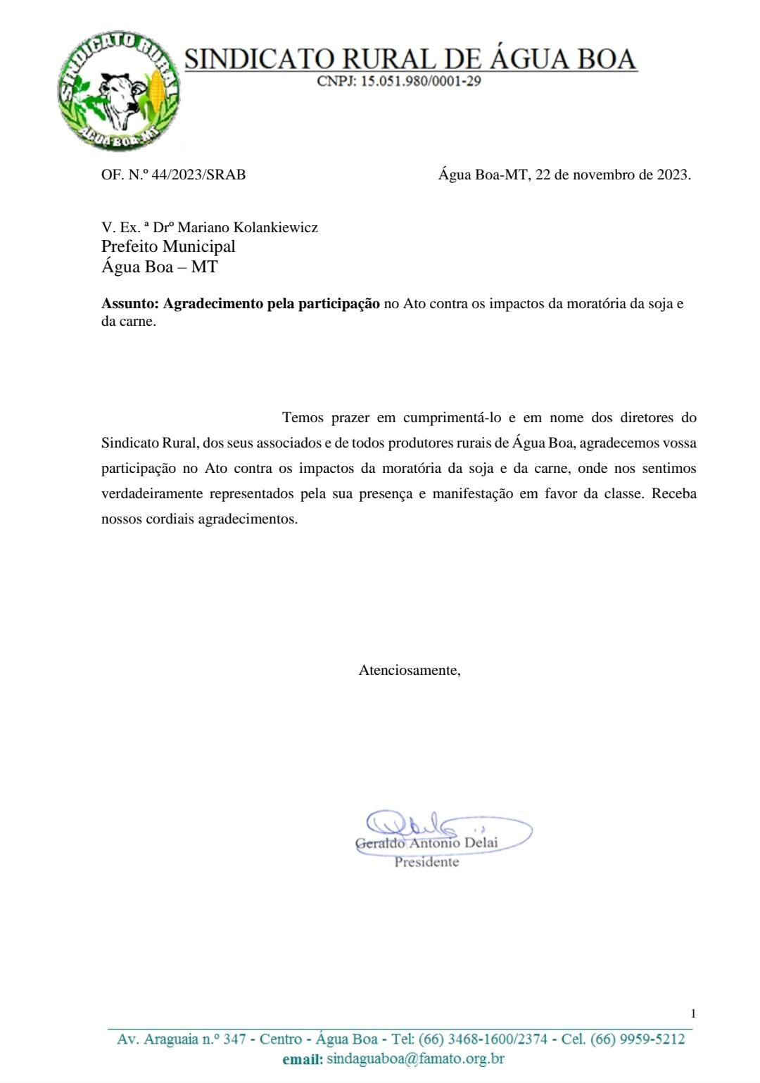 Sindicato Rural agradece ao prefeito Dr. Mariano por participar de ato contra a moratória da soja