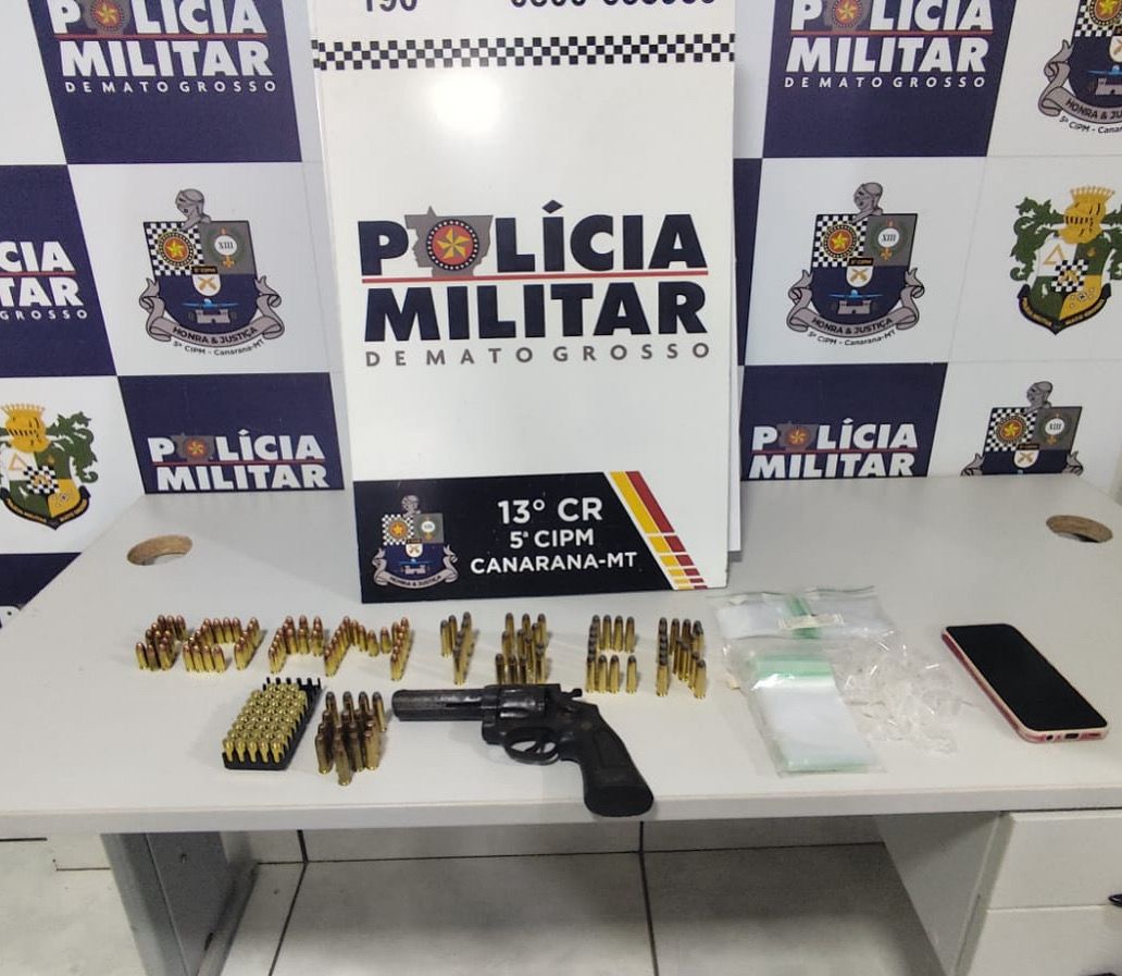 PM prende homem por ameaça e apreende arma e munições após confusão em comércio no centro de Canarana
