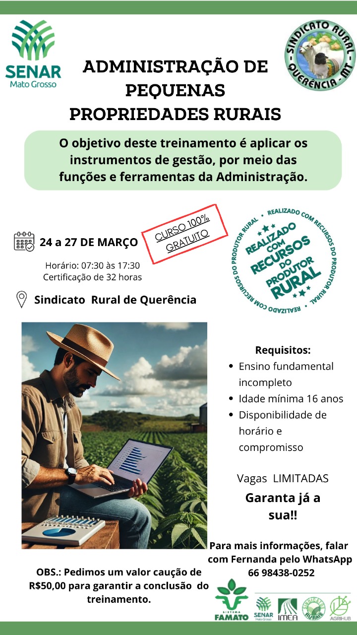 Foto Reprodução Senar-MT e Sindicato Rural de Querência oferecem curso gratuito de Administração para pequenas propriedades rurais