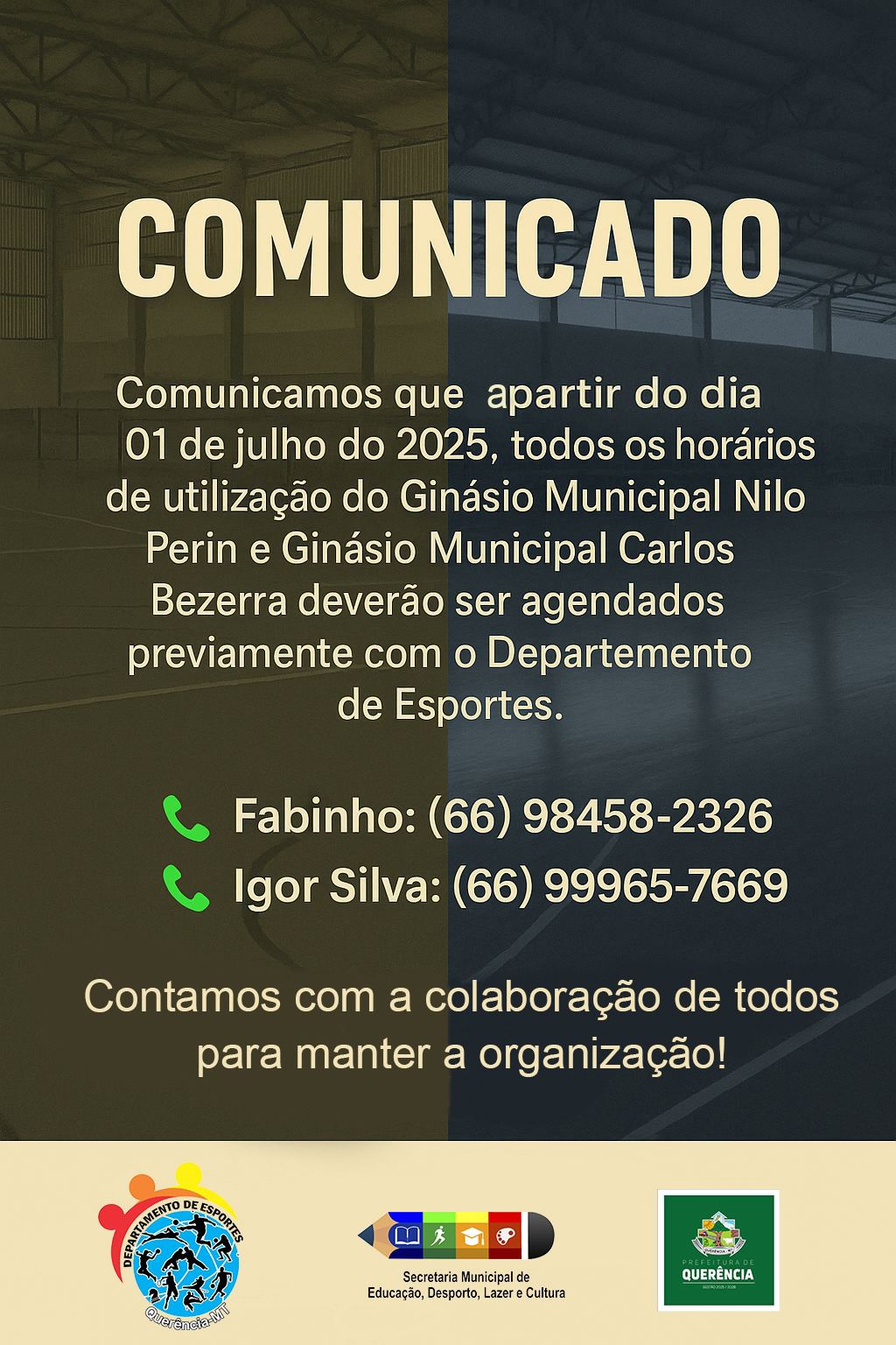 Foto Reprodução Agendamentos para uso dos ginásios municipais em Querência passam a ser obrigatórios a partir de 1º de julho