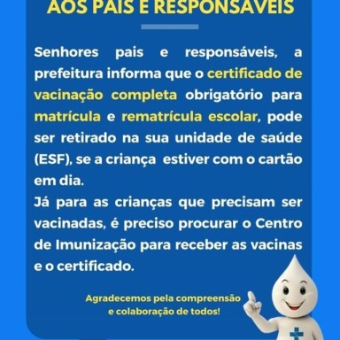 Prefeitura de Água Boa reforça exigência do certificado de vacinação para matrícula escolar